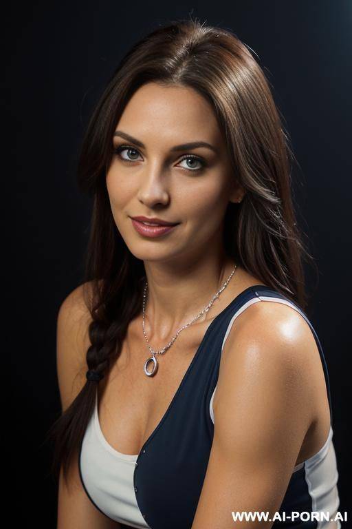 ((white shirt)) (((a tide tight white sleeveless shirt)))), (pretty face), (wide hips), (inviting eyes), (long voluminous hair), (necklace), (a neckline diving on her breasts ) ((black dark - #main