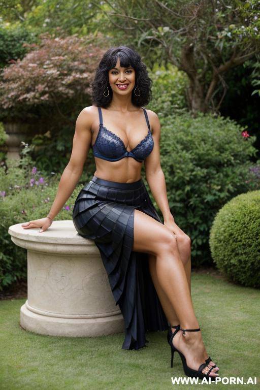 indian, curly hair, bangs, short hair, fit, abs, arms up, muscular arms, big ass, tall, long legs, navel piercing, sapphire bra, sapphire pleat skirt, looking at camera, full body, stiletto, in garden, cross-legged - #main
