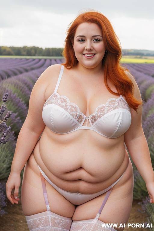 half-length photo, dinamyc angle, in a lavender field, a fat chubby obese fat thick and bbw redhead british, she has lovehandless and a soft medium tummy. she is wearing a yellow lace stocking lingerie. she has the most body mom - #main