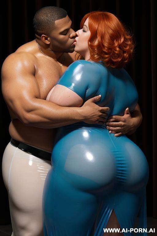 a white obese fat woman with gigantic huge boobs, ginger hair in transparent blue latex nightgown kissing a black muscle man in leather - #main