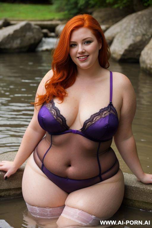 half-length photo, dinamyc angle, as a setting in the river, a fat chubby obese fat thick and curvy redhead british, she is washing clothes in the river. she has lovehandless and a soft - #main
