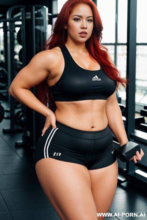long messy red hair, fat chubby body, sportswear, gym - #main