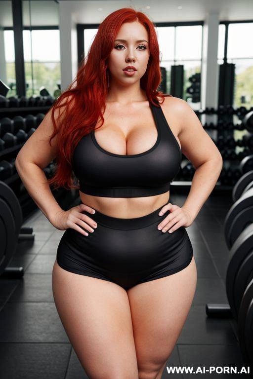 long messy red hair, fat chubby body, tight short sportswear, overflowing boobs, gym - #main