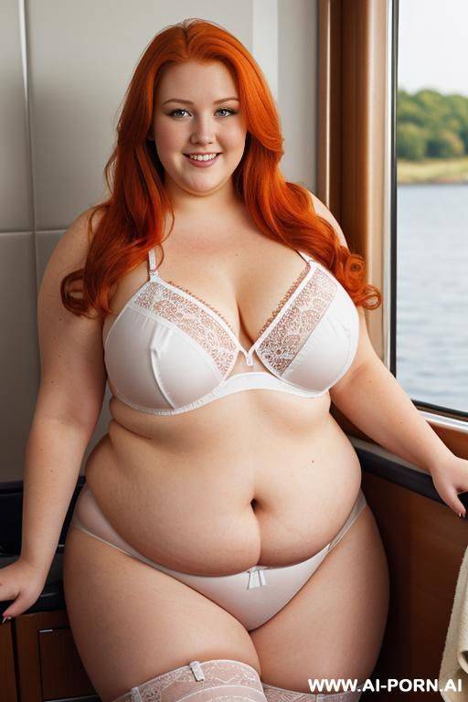half-length photo, dinamyc angle, on the boat, a fat chubby obese fat thick and bbw redhead british, she is washing clothes. she has lovehandless and a soft medium tummy. she is wearing a skyorange lace stocking lingeries. she has the most body mom - #main