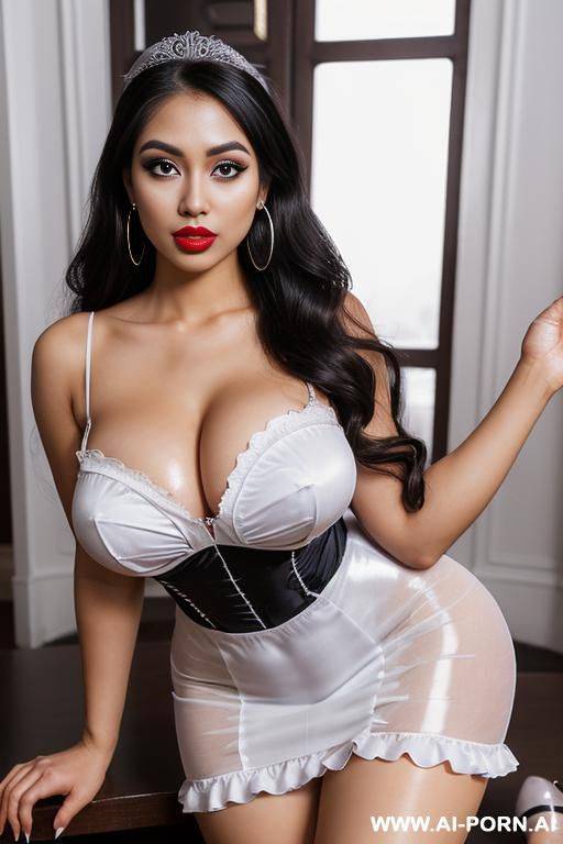 (submissive pose) (gorgeous model) ((full lips)) (((big eyes))) (lush hair) (photoshoot) (((ahegao))) (seductive) ((hourglass figure)) (leaning in) (hand in hair) (hoop earrings) (soft cotton fabric) (goddess) (housewife) (maid) (tiara) - #main