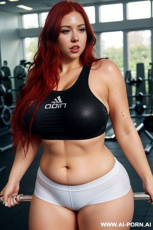 long messy red hair, fat chubby body, tight short white wet sportswear, overflowing boobs, doing gym, pierced nipples, topless - #main