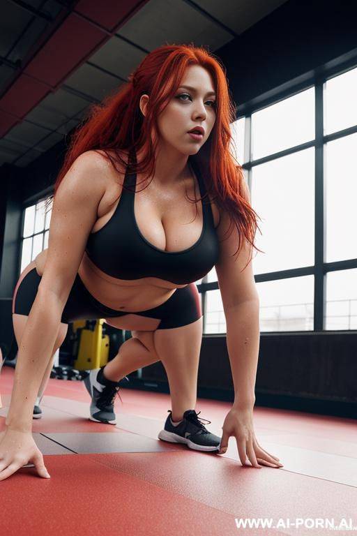 long messy red hair, fat chubby body, tight short wet sportswear, overflowing boobs, doing gym, on all fours, no top - #main