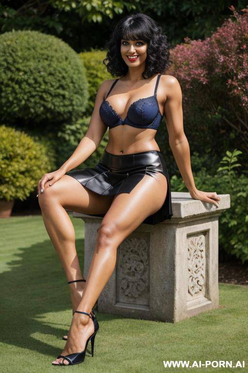 indian, curly hair, bangs, short hair, fit, abs, arms up, muscular arms, big ass, tall, long legs, navel piercing, sapphire bra, sapphire pleat skirt, looking at camera, full body, stiletto, in garden, cross-legged - #main