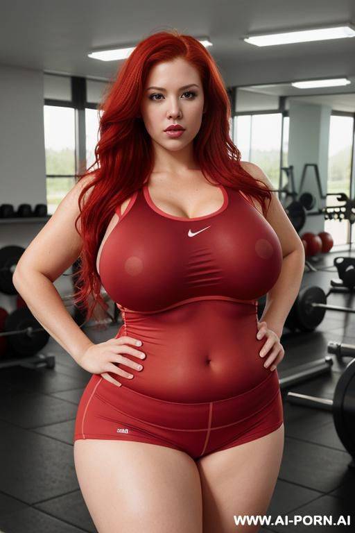 long messy red hair, large fat chubby body, tight short sportswear, large overflowing boobs overflowing the sportswear, doing gym - #main