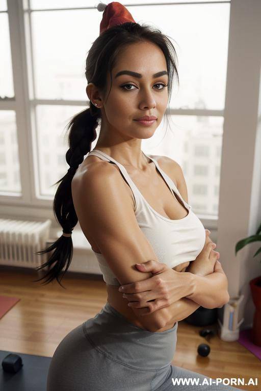 ((topless)), (pretty face), (wide hips), (thick thighs), (soft seductive smirk), (inviting eyes), (long silky hair), (necklace), (showing off her natural firm breasts), (topless), (baggy pants), (santa hat), (christmas) - #main