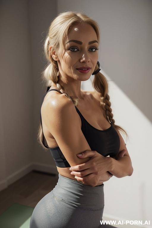 indian, short hair, fit, abs, curvy, muscular arms, big ass, tall, long legs, navel piercing, orange bra, orange pleat skirt, looking at camera, full body, stiletto, at home, on hands and knees, sideways - #main