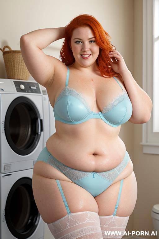 half-length photo, as a setting in the laundry area, a fat chubby obese fat thick and bbw redhead british, she is washing clothes and is soaked in foamy water. she has lovehandless and a - #main