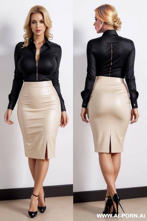 updo hair, pencil skirt, high heels shoes, tight longsleeve shirt, hot, blond, busty, super shirt skirt, visible vagina, unzipped shirt, visible boobs, deep cleavage, open shirt, rised skirt - #main