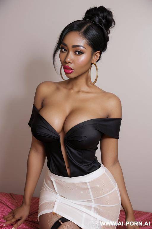 mixed race (big eyes) (((ahegao))) (sexy pose) (photoshoot) ((gorgeous model)) (((full lips))) (hoop earrings) (hair accessory) ((seductive)) (submissive) (((hourglass figure))) (((adjusting hair))) (long - #main