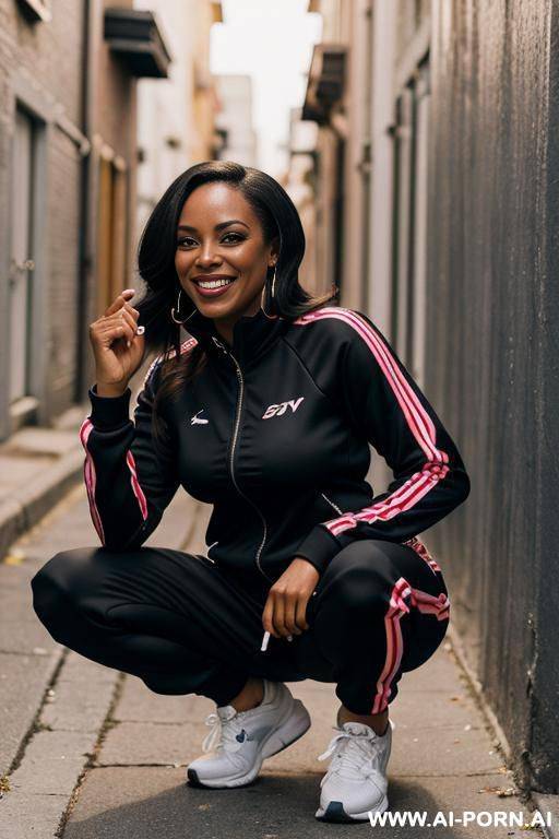 black woman squatting in alley corner, jogging-suit - #main