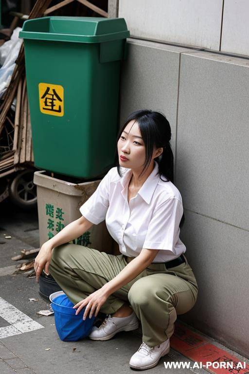 messy chinese woman, squatting in trash-corner, shirt, pants, legs apart - #main