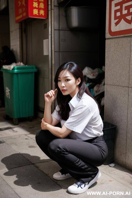 chinese woman, squatting in trash-corner, shirt, pants - #main