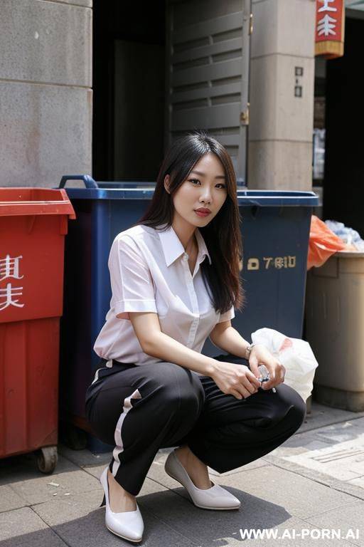 chinese woman, squatting in trash-corner, shirt, pants, legs apart - #main