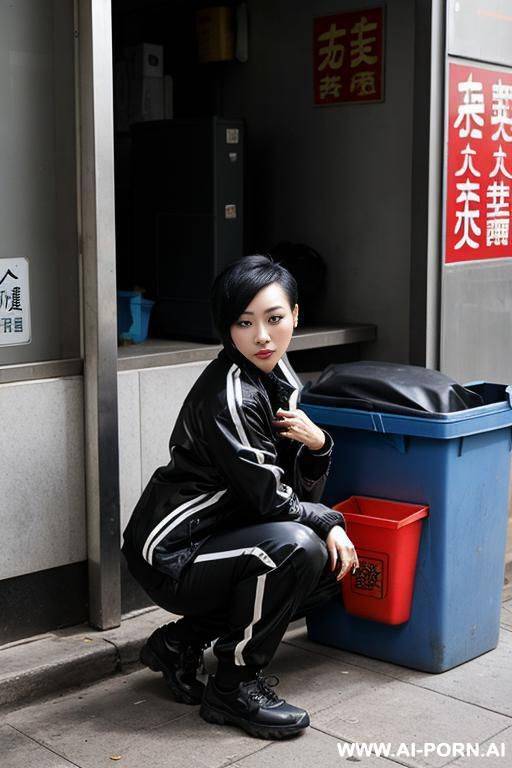 chinese woman short hair squatting in trash-corner, jacket, pants - #main