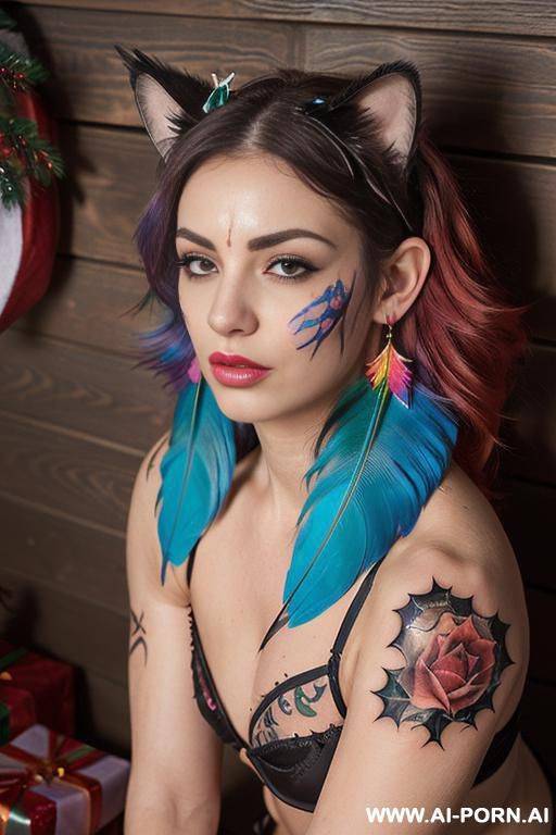 face, sexy, beautiful, ((face painting)), ((bikini as seashell)), ((tattoo roses)), ((eyes shw)), ((angel wings)), ((rainbow hair)), ((long bu hair)), ((wind)), (( cat face)), (( cat ears)), (((feather - #main