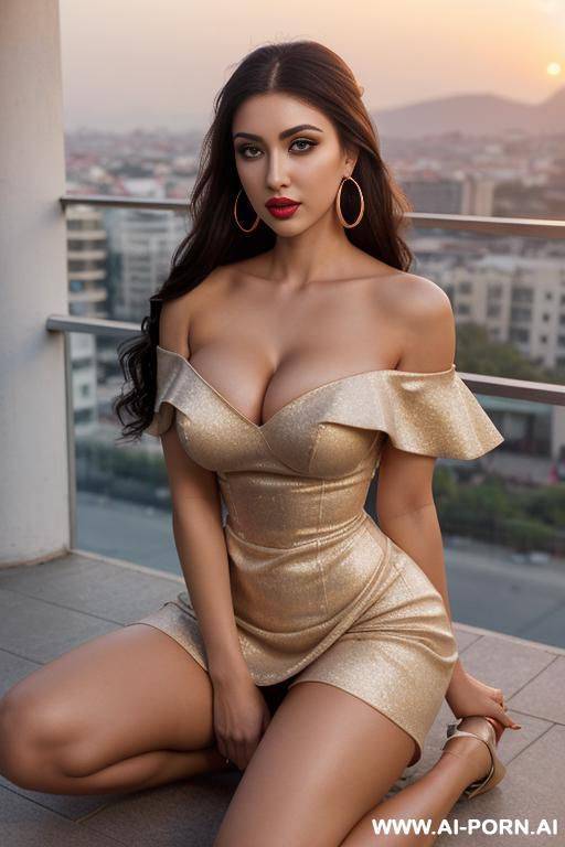 balcony glitter dress (pretty eyes) (((ahegao))) (sexy pose) (photoshoot) ((gorgeous model)) (((full lips))) (hoop earrings) (hair accessory) ((seductive)) (submissive) (kneeling) (((hourglass figure))) - #main