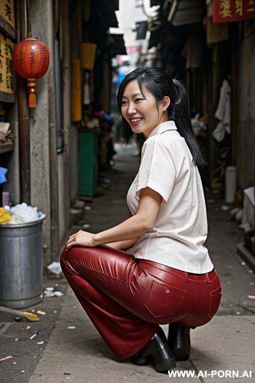 messy chinese market woman bending down to ground in dump alley corner, shirt, pants, side-view - #main