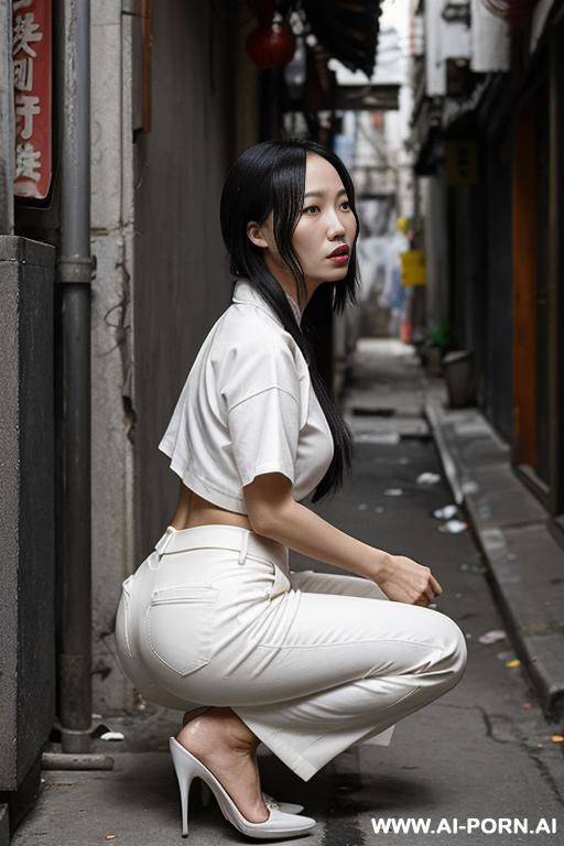 messy chinese woman squatting in alley corner, top, pants, side-view - #main
