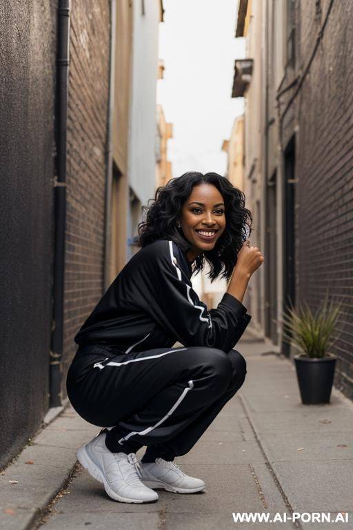 black woman squatting in tra alley corner, jogging-suit side-view - #main