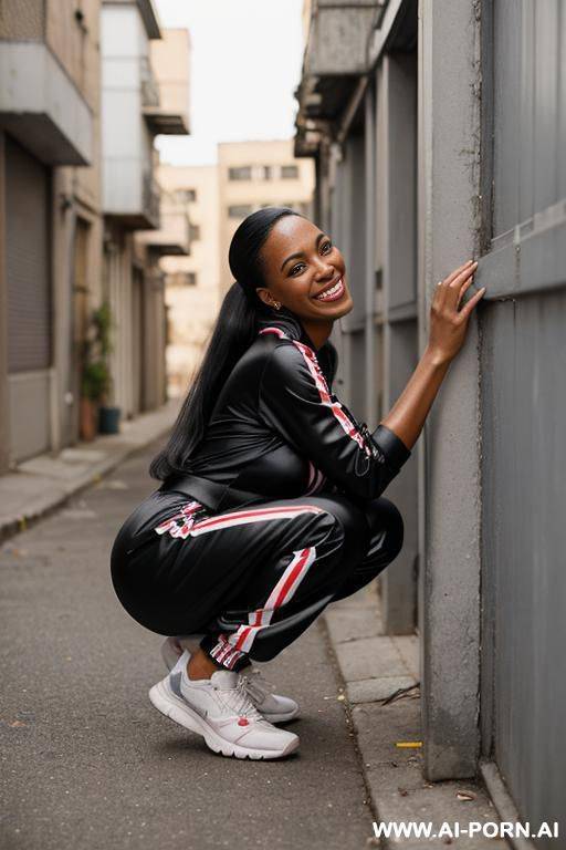 black woman squatting in messed up alley corner, jogging-suit side-view - #main