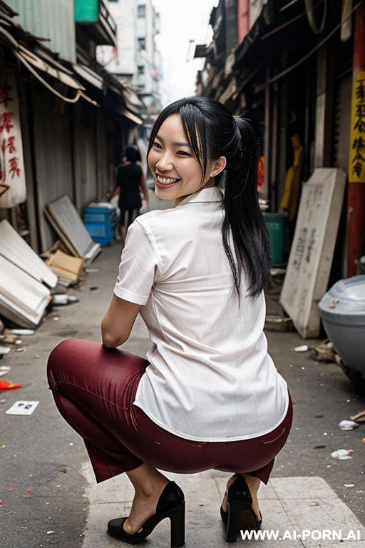 messy chinese market woman squatting in dump alley corner, shirt, pants, - #main