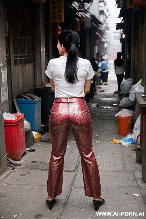 messy chinese market woman bending down to ground in dump alley corner, shirt, pants, - #main