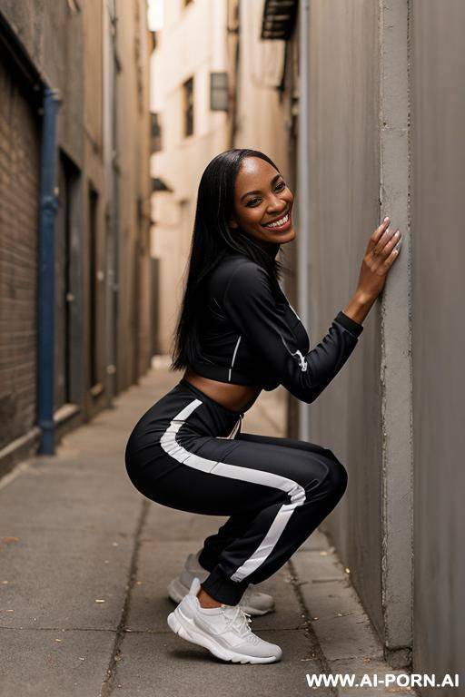 black woman squatting in trahsy alley corner, jogging-suit side-view - #main