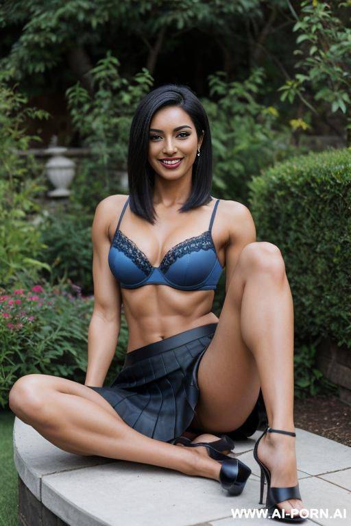 indian, dusky, short hair, fit, abs, arm up, muscular arms, big ass, tall, long legs, navel piercing, blue bra, blue pleat skirt, looking at camera, full body, stiletto, in garden, sitting cross-legged, open mouth, eyes closed - #main
