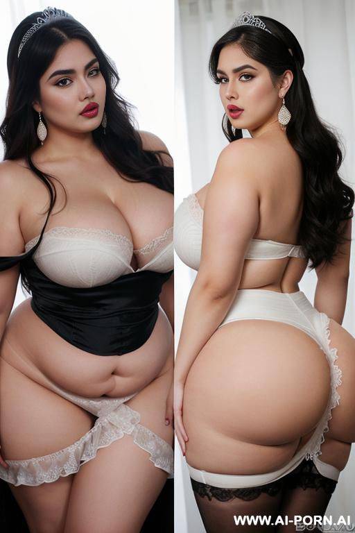 (obese) (300 pounds) (big woman) (pear shaped) (super wide) (soft body) (big eyes) (((ahegao))) ((sexy pose)) (photoshoot) ((gorgeous model)) (((full lips))) (hoop earrings) (tiara) ((goddess)) (maid) - #main