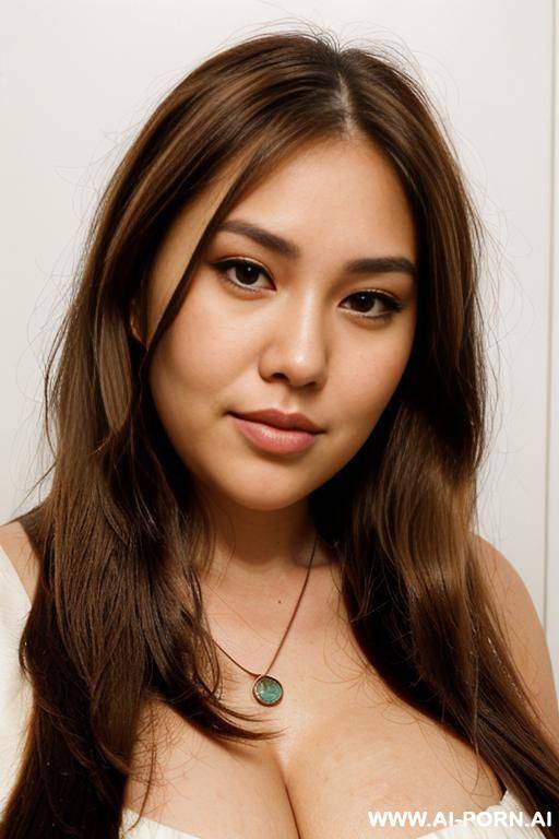 (((face closeup))), (((fat face))), (((round face))), (((extremely long hair))), looking at viewer, front facing, (((headshot))), front view, a chubby shorty filipina milf is modeling in a studio. she - #main