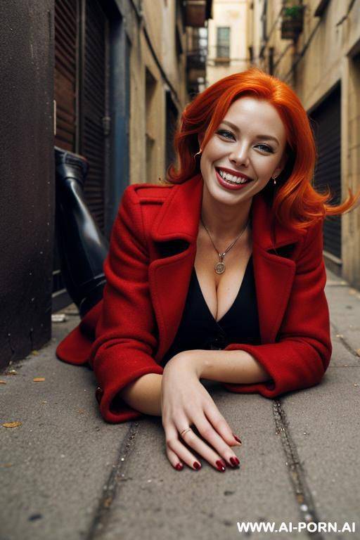 sexy woman in lang lack coat, red blond hair, lying down on the ground, in dirty back alley, locking up in camera, smiling, - #main