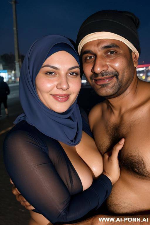 smiling curvy russian thick wife topless wearing hijab hugged from homeless indian man at night - #main