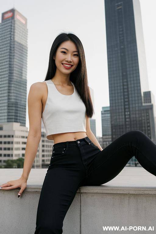asian woman, cropped white tank-top, black bootcut wide slacks, smile, black pointed toe stiletto boots, home, view from below, ominous - #main