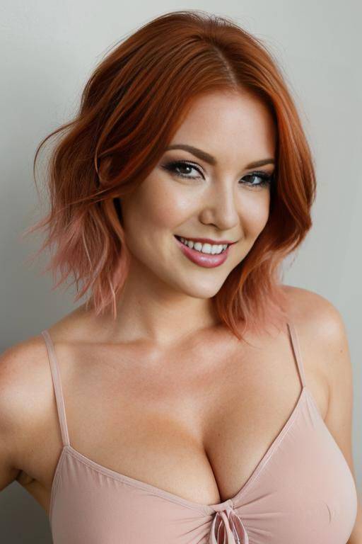 one sexy curvy auburn-haired woman, green eyes, nude, closeup, headshot photo, extreme closeup, professional head shot, fully clothed, pink shirt, feathered medium hair, short hair flowing over eyes, shoulder-length hair over face - #main