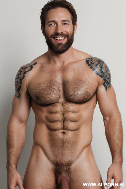 (realistic), (photorealistic), (real photo), (30 years old man), (full photo), brown hair, beard, mischievous smile, muscular, very hairy, completely naked, attractive, big penis, totally naked, full - #main