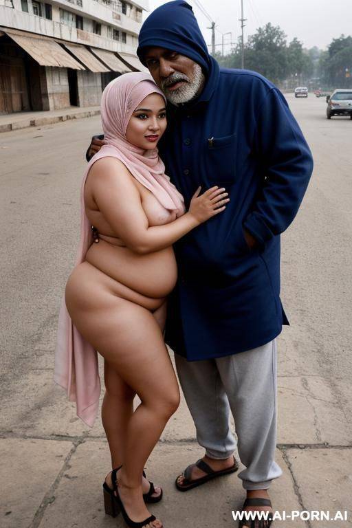 curvy russian chubby wife topless wearing hijab hugged from homeless indian man standing - #main