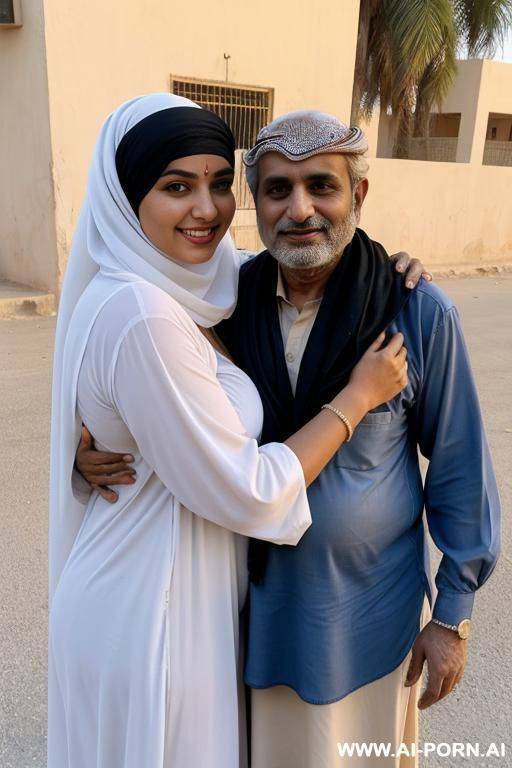 smiling curvy white saudi chubby wife topless wearing hijab hugged from homeless indian man - #main