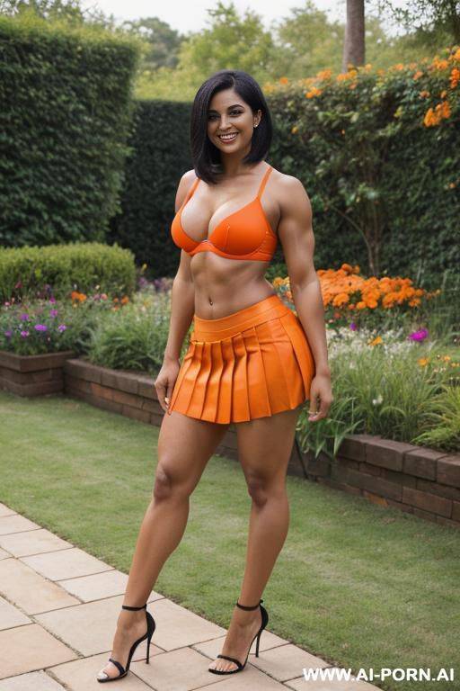 indian, short hair, fit, abs, curvy, muscular arms, big ass, tall, long legs, navel piercing, orange bra, orange pleat skirt, looking at camera, full body, stiletto, in garden - #main