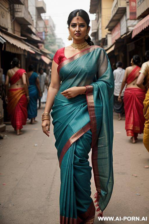indian woman, sexy makeup, busty, gigantic boobs, huge tits, sexy sari, micro sari top, public street, crowded street - #main