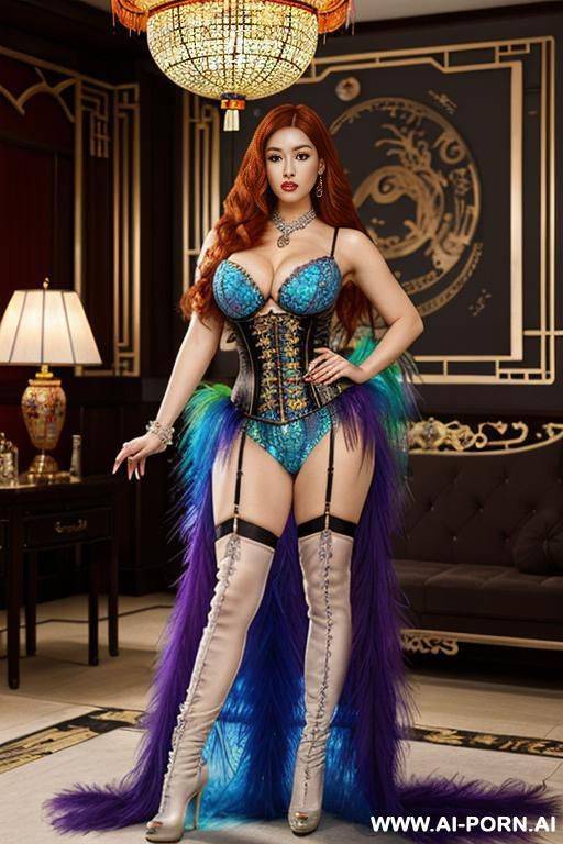 chinese, rainbow feather transparent corset，feather tutu skirt， mesh robe， rainbow transparent bra ,necklace，rainbow large pointed thigh-high boots - #main