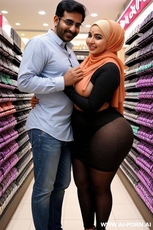 smiling curvy saudi thick wearing hijab flashing boobs hugged from indian man in shoe store - #main
