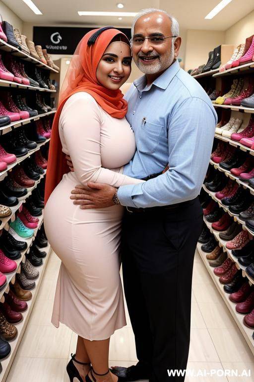 smiling curvy saudi thick wife topless wearing hijab hugged from indian man in shoe store - #main