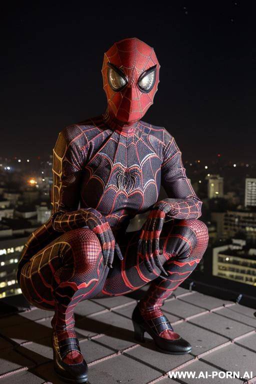 (woman wearing (ghost-spider hero outfit)) (crouching on city rooftop at night) - #main