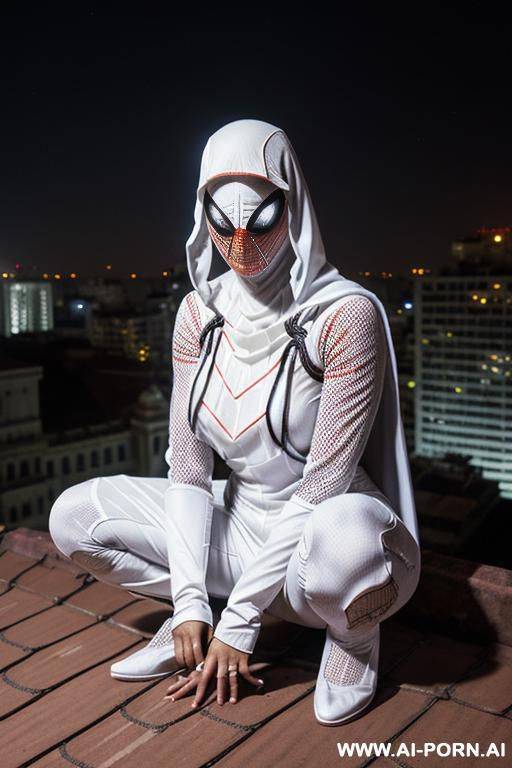 (woman wearing (white ghost-spider hero outfit)) (crouching on city rooftop at night) - #main