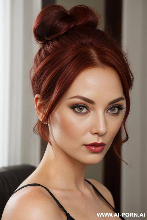 dark red hair, hair bun, eye contact, seductive look - #main